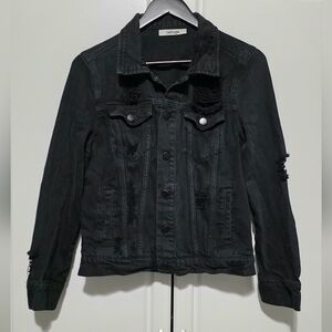 Refuge Womens Distressed Black Wash Cotton Denim Trucker Jacket Ripped Raw XS